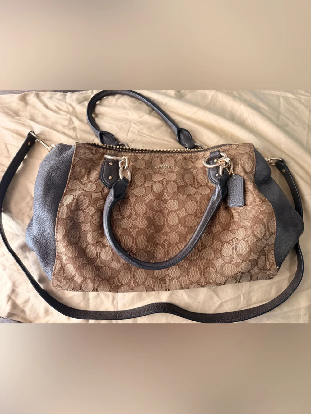 Coach Brown Signature Canvas Satchel with Dark Brown Trim
